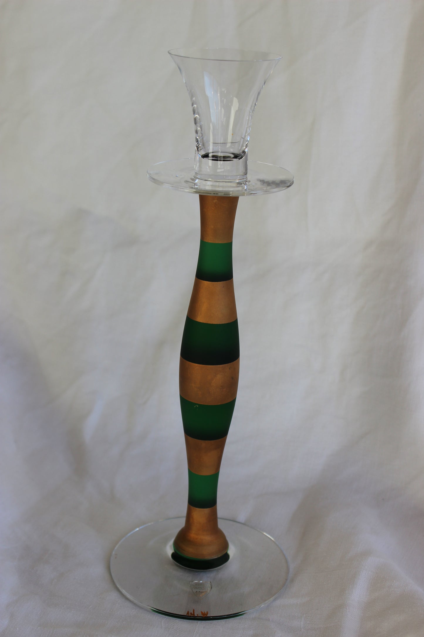 Orrefors Anne Nilson Celeste green and gold painted striped glass candlestick