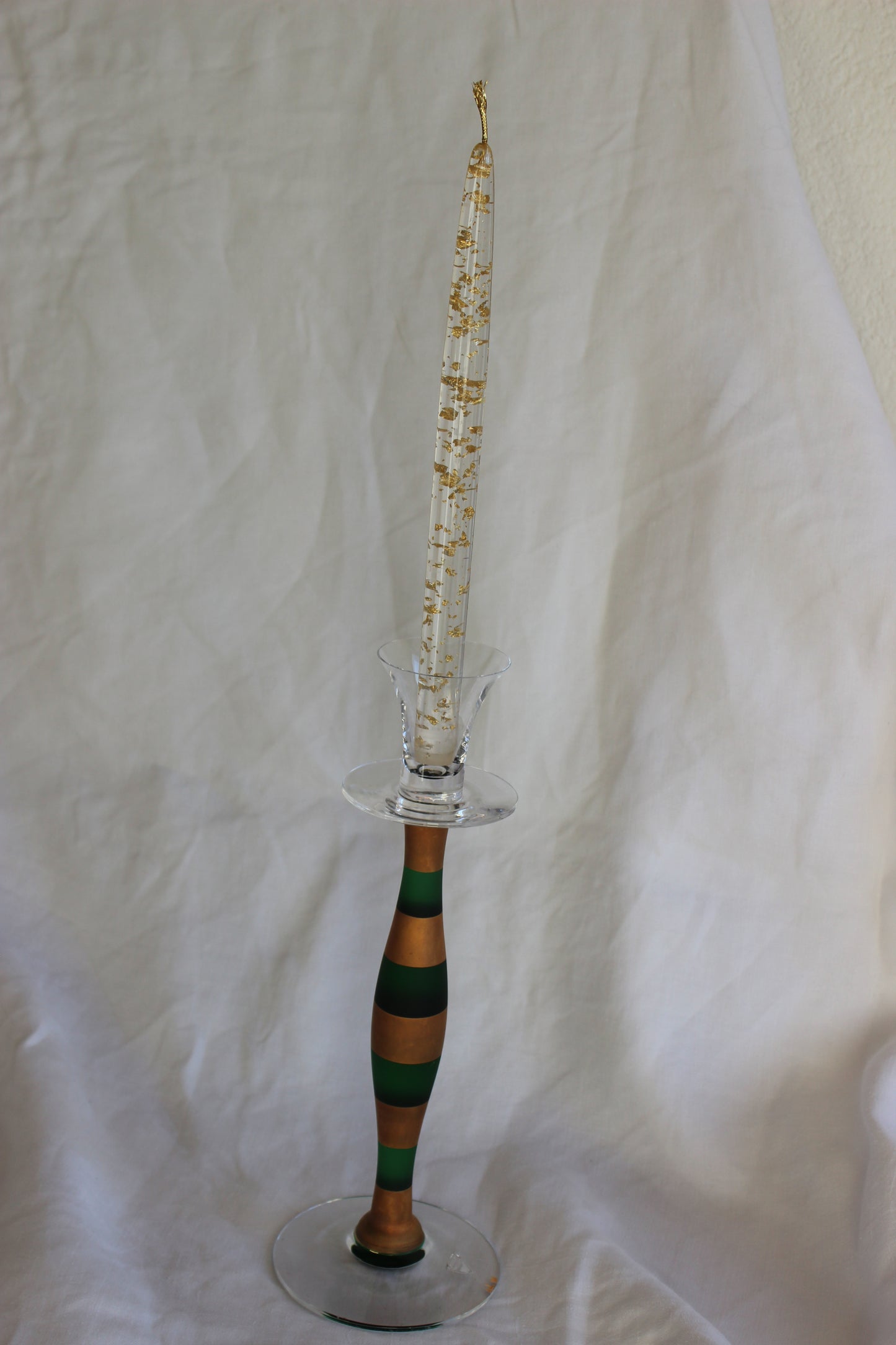 Orrefors Anne Nilson Celeste green and gold painted striped glass candlestick