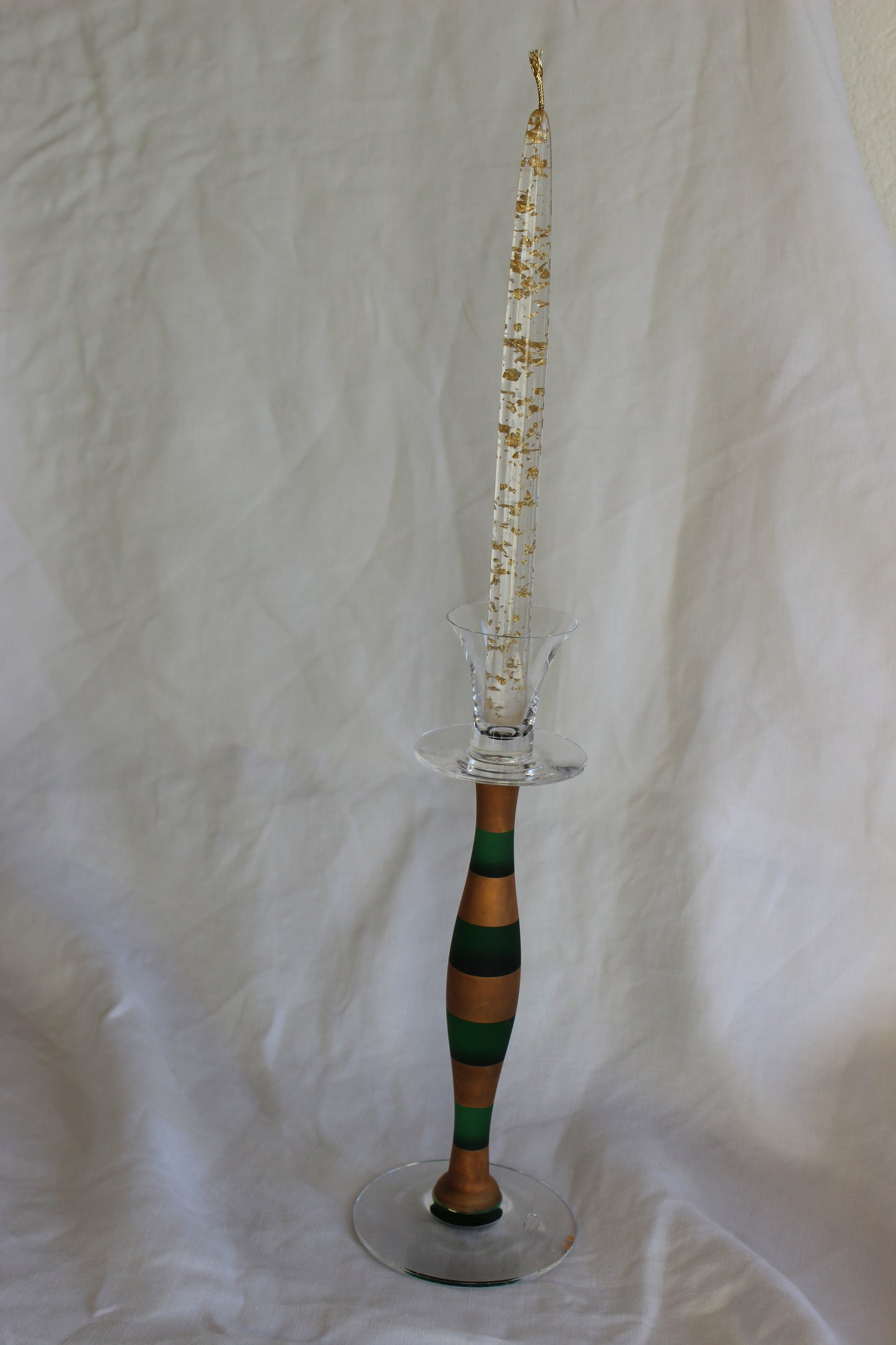Orrefors Anne Nilson Celeste green and gold painted striped glass candlestick