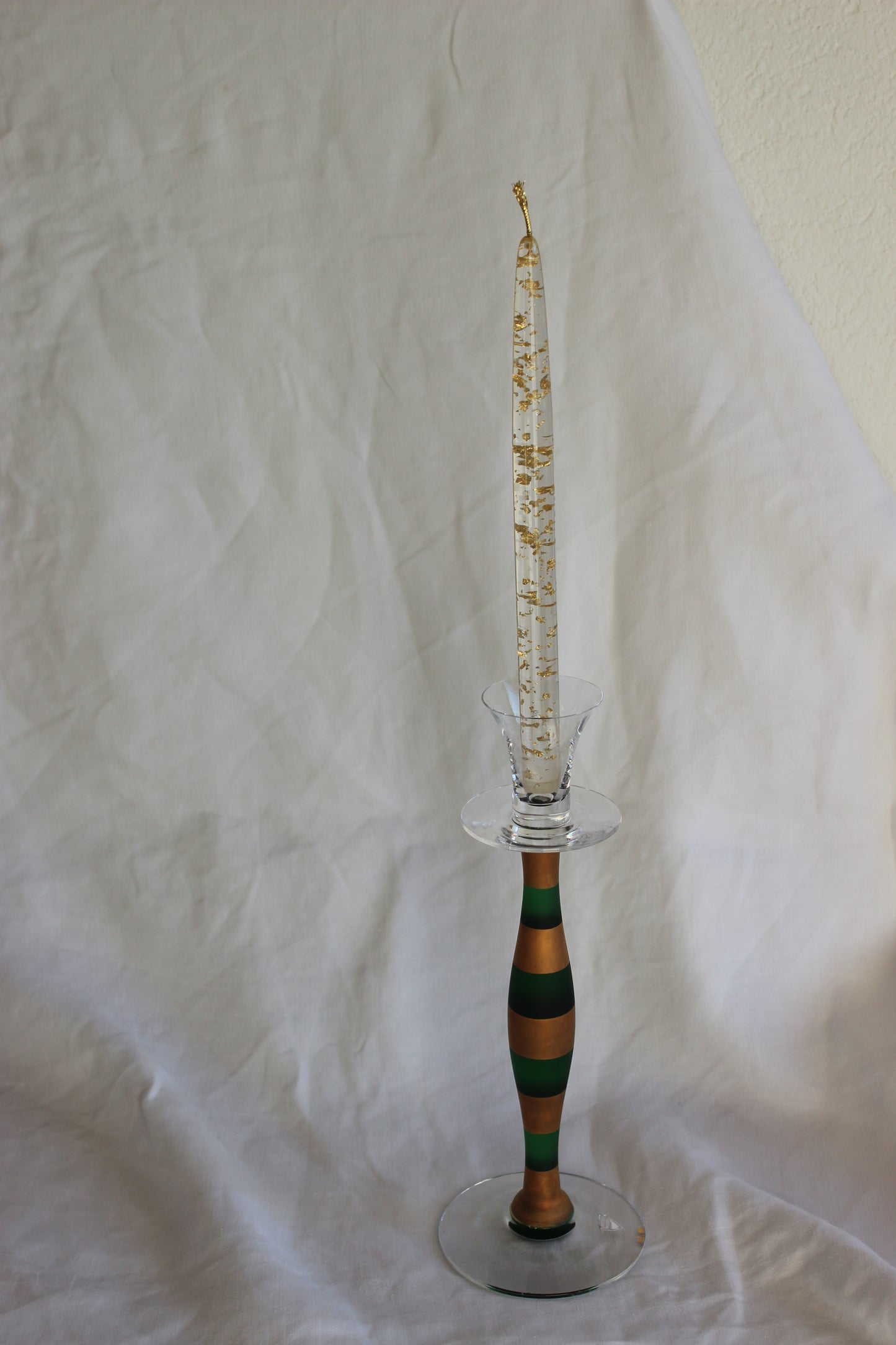 Orrefors Anne Nilson Celeste green and gold painted striped glass candlestick