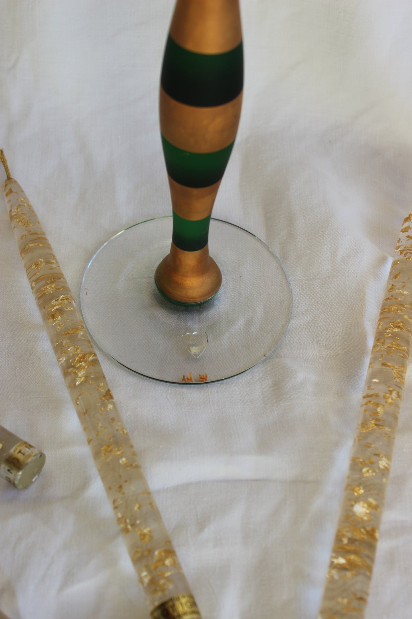 Orrefors Anne Nilson Celeste green and gold painted striped glass candlestick