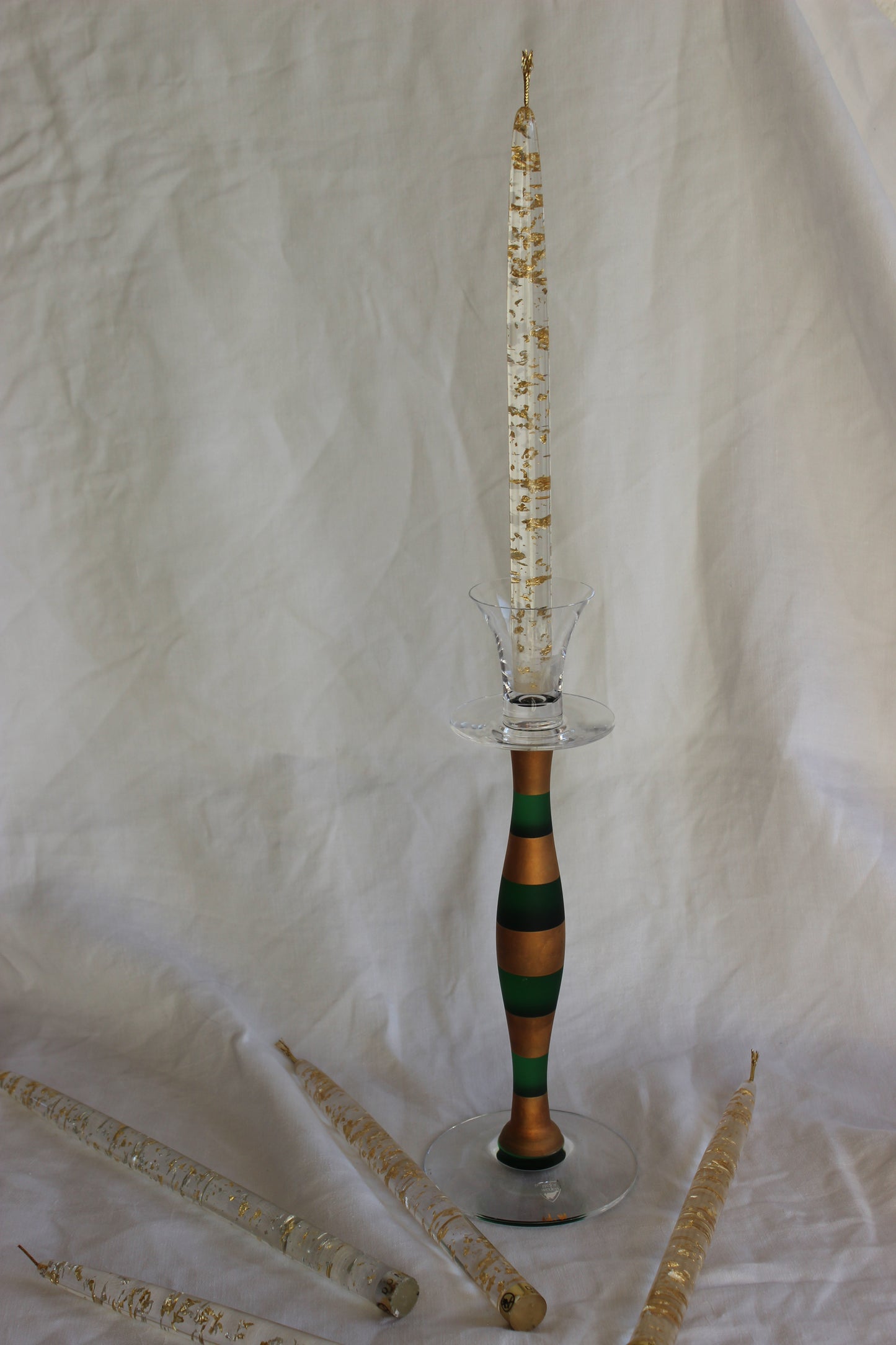 Orrefors Anne Nilson Celeste green and gold painted striped glass candlestick