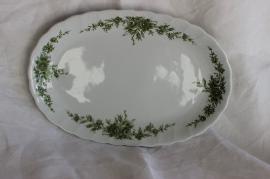 White serving platter with green floral pattern